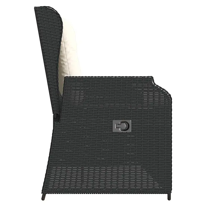 Furnicato Gartenbank Poly-Rattan - B x T x H: 104 x 110 x 95 cm, Schwarz und Cremeweiß - Seitenansicht eines dunkelgrauen Rattan-Outdoor-Sessels mit cremefarbenem Kissen und Metall-Verbindungsclip.