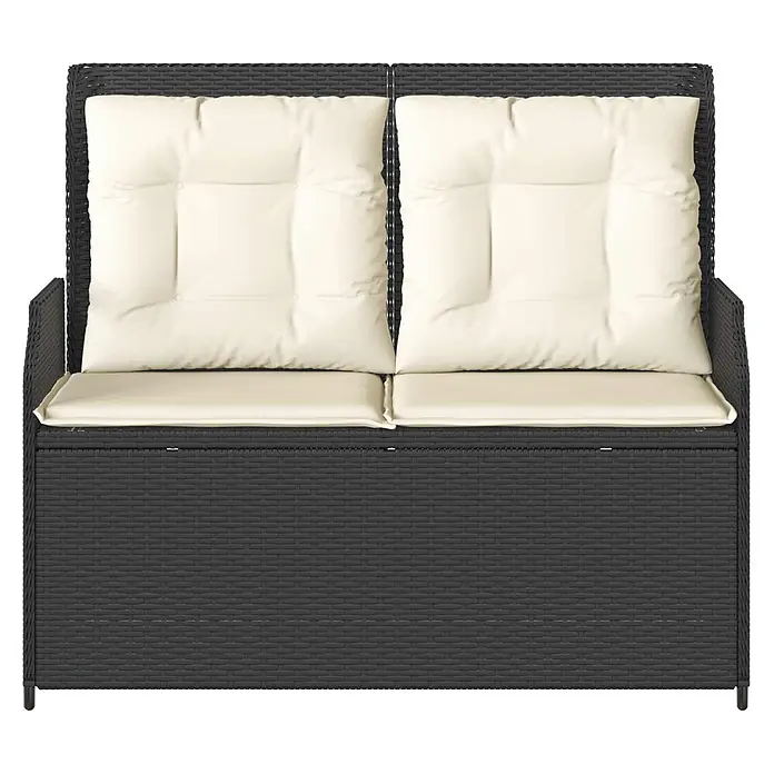 Furnicato Gartenbank Poly-Rattan - B x T x H: 104 x 110 x 95 cm, Schwarz und Cremeweiß - Dunkelgraue Rattan 2-Sitzer Aufbewahrungsbank mit cremefarbenen Sitz- und Rückenkissen.