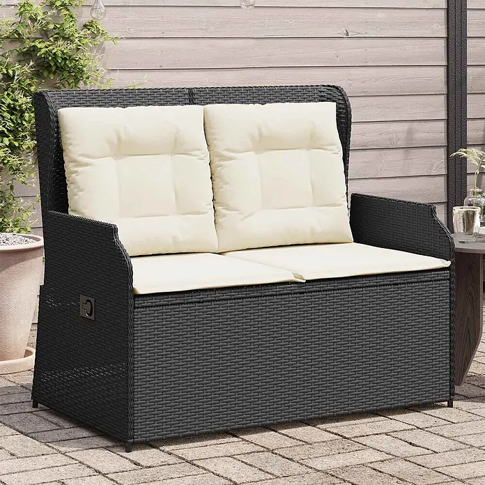 Furnicato Gartenbank Poly-Rattan - B x T x H: 104 x 110 x 95 cm, Schwarz und Cremeweiß - Schwarze Rattan-Gartenbank mit Stauraum für zwei Personen und cremefarbenen Kissen.