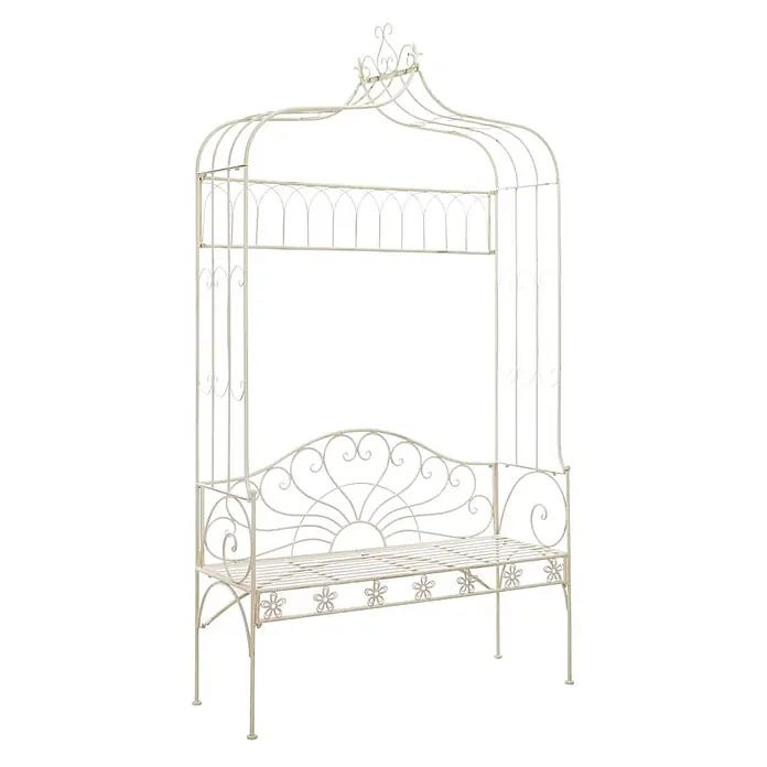 Furnicato Gartenbank Schmiedeeisen Antikweiß - B x T x H: 122 x 43 x 220 cm, Weiß - Verzierte cremefarbene Metallgartenbank mit gewölbtem Baldachin und dekorativen Schnörkeln.