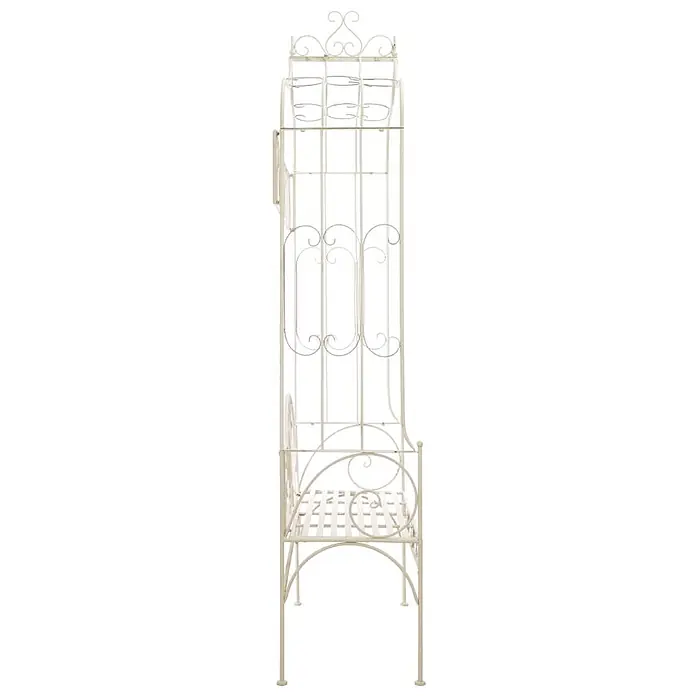 Furnicato Gartenbank Schmiedeeisen Antikweiß - B x T x H: 122 x 43 x 220 cm, Weiß - Hohes, verziertes, cremefarbenes Metall-Rankgerüst mit integrierter Bank für Kletterpflanzen.