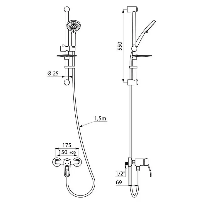 Delabie Duschsystem Delabie Duschsystem mit EHM 2539EP, S-Anschlüsse STOP/CHECK -  - Komplettes Duschsystem mit verstellbarer Stange, Handbrause, flexiblem Schlauch und wandmontierter Armatur inklusive Installationsdetails.