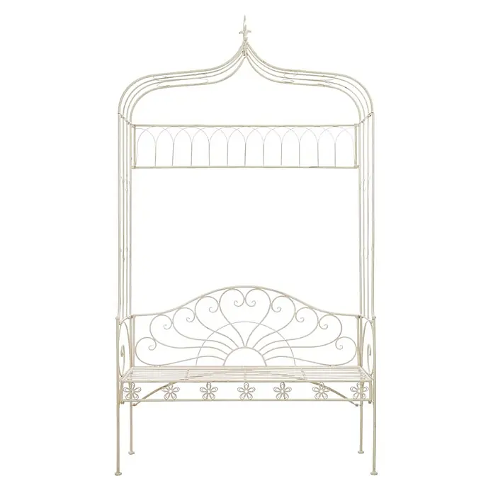 Furnicato Gartenbank Schmiedeeisen Antikweiß - B x T x H: 122 x 43 x 220 cm, Weiß - Weiße Gartenbank aus Metall mit Bogenüberdachung, dekorativer Rückenlehne und oberer Ablage.