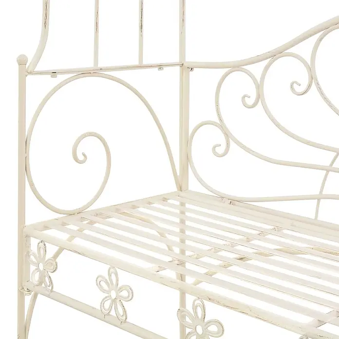 Furnicato Gartenbank Schmiedeeisen Antikweiß - B x T x H: 122 x 43 x 220 cm, Weiß - Weiße, patinierte Metallgartenbank mit verschnörkelten Details und Blumenornamenten.