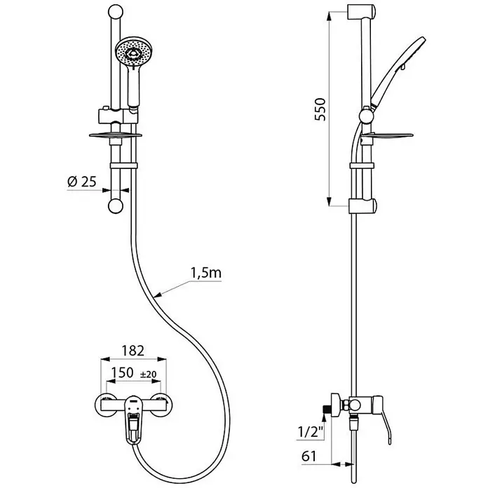 Delabie Duschsystem Delabie Duschsystem m. EHM 2739 Securitouch, S-Anschl. STOP/CHECK -  - Technische Zeichnung eines Brausesets mit Handbrause, 1,5m Schlauch und Armatur. Brausestangenhöhe 550mm, Armaturenmitte 150mm.