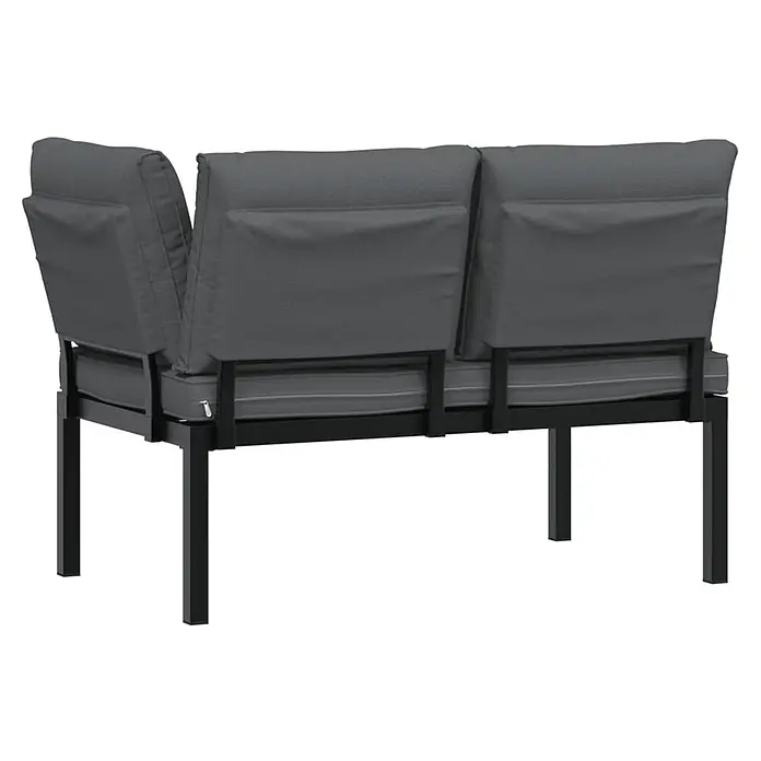 Furnicato Gartenbank - Schwarz - Rückansicht eines Zweisitzer-Gartensofas mit dunkelgrauen Kissen und schwarzem Metallrahmen.