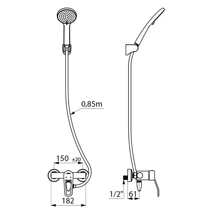 Delabie Duschsystem Delabie DU-Sys selbstentl. mit Arm. 2739 Securitouch, S-Anschl. S/C -  - Technische Zeichnung einer Duscharmatur mit Handbrause und 0,85m Schlauch. Armaturbreite 182mm, Anschluss 1/2 Zoll.