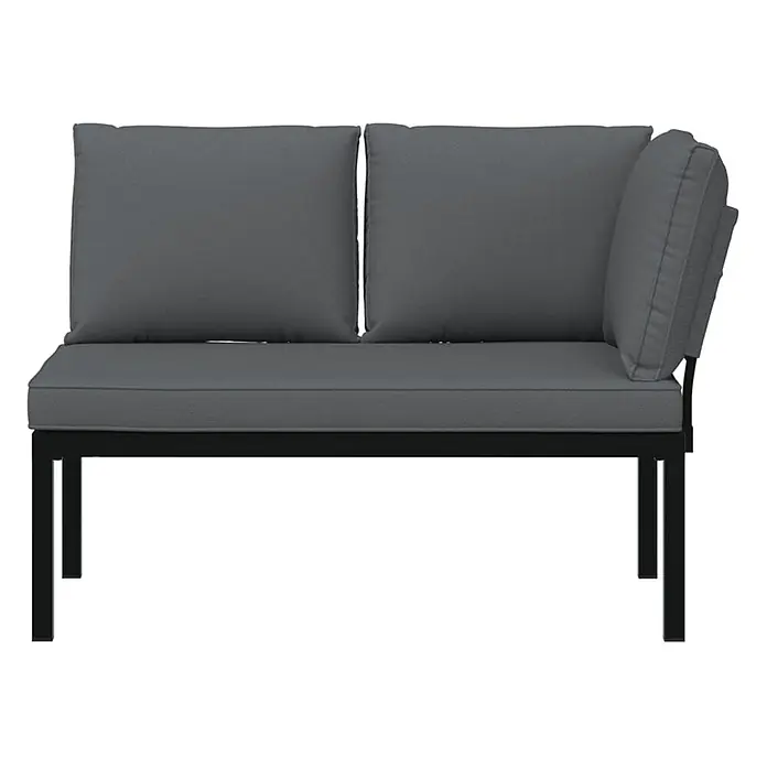 Furnicato Gartenbank - Schwarz - Dunkelgraues Outdoor-Ecksofa mit schwarzem Metallrahmen und Kissen.