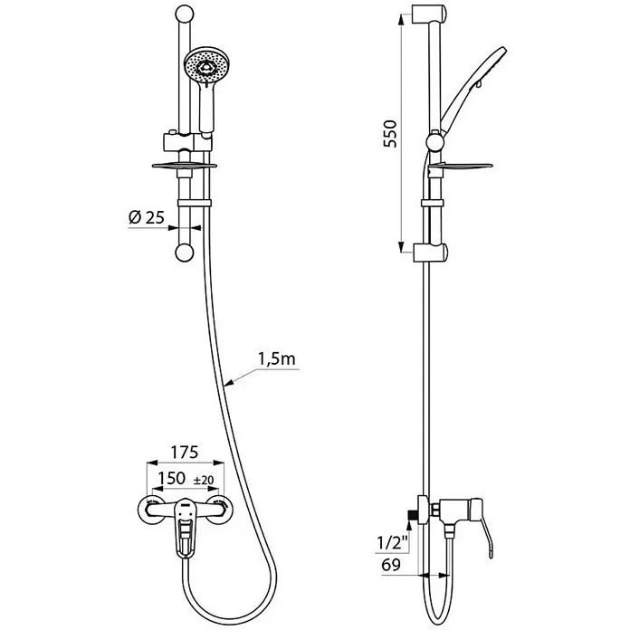 Delabie Duschsystem Delabie Duschsystem mit Einhebelmischer 2539,S-Anschlüsse STOP/CHECK -  - Technische Zeichnung eines Duschsystems mit Handbrause, 1,5m Schlauch, Mischer und Duschstange.