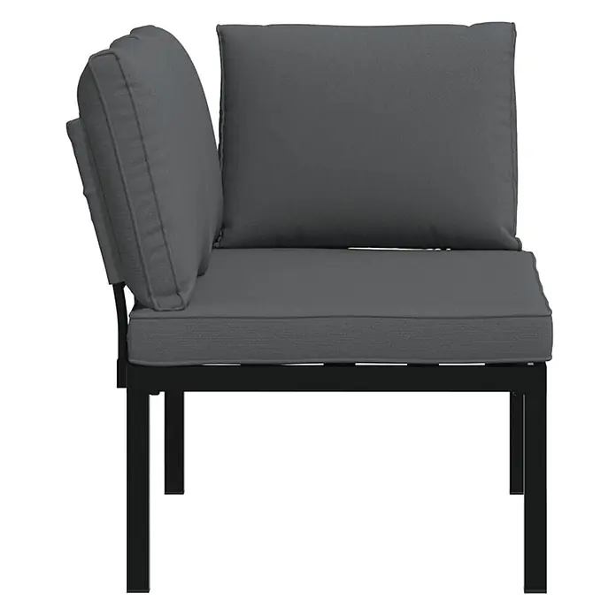 Furnicato Gartenbank - Schwarz - Graues modulares Eck-Gartensofa mit dunkelgrauen Kissen und schwarzem Metallrahmen.
