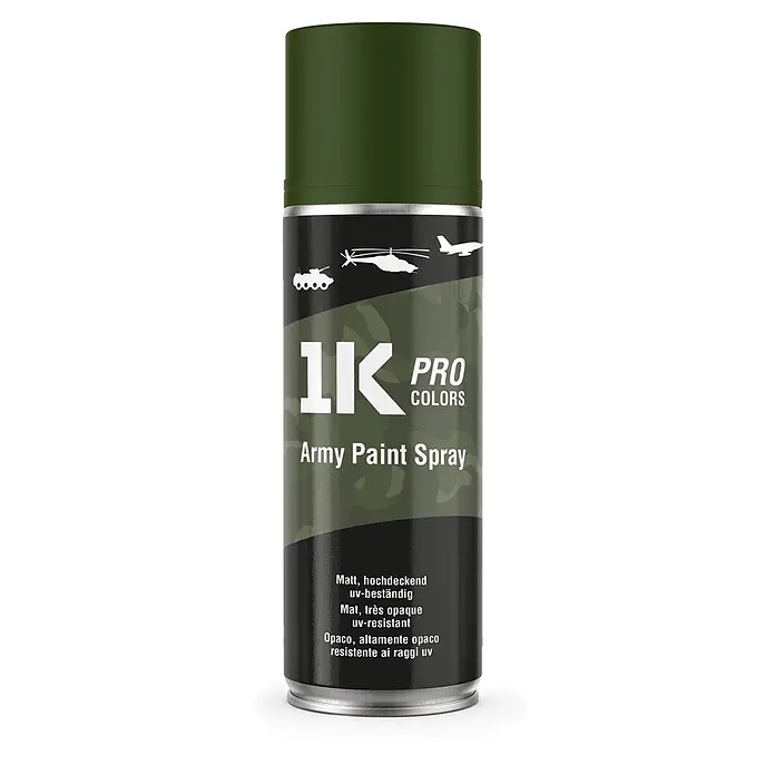 1K Pro Farbspray Militär Spraydose 400ml Matt RAL6031 Waldgrün - RAL6031 Waldgrün, Sprühdose - Matte, armee-grüne Sprühdose mit Militärfahrzeug-Silhouetten und Camouflage-Muster.