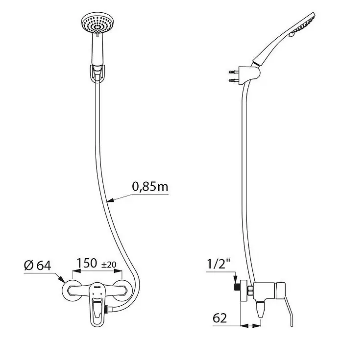 Delabie Duschsystem Delabie Duschsys selbstentl. mit Armatur 2539EPS, Standard S-Anschl. -  - Technische Zeichnung eines wandmontierten Brausemischer-Sets mit Handbrause und Schlauch.