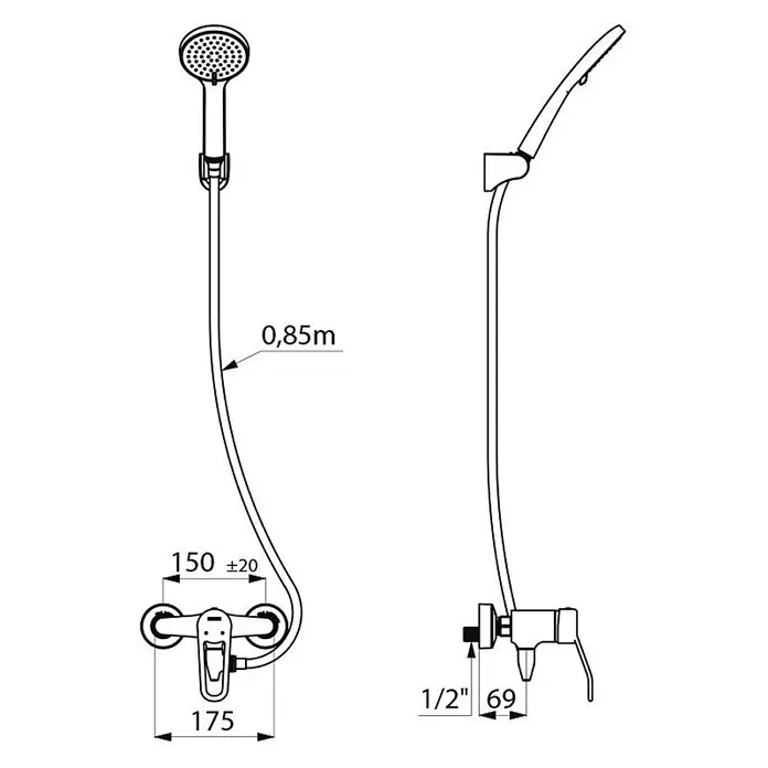 Delabie Duschsystem 2539HYG -  - Technische Zeichnung einer Brausebatterie mit Handbrause und 0,85m Schlauch, inklusive Installationsmaßen.