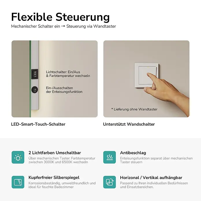 Emke Lichtspiegel Glowrim LM09 -  - Präsentation der Spiegelfunktionen: Flexible Steuerung, 2 Lichtfarben, Antibeschlag, kupferfreier Silberspiegel, horizontal/vertikal montierbar.