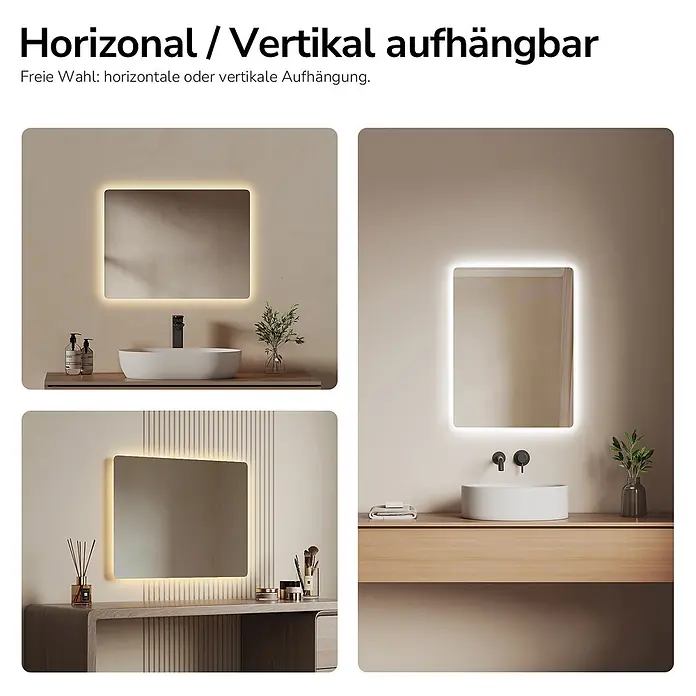 Emke Lichtspiegel Glowrim LM09 -  - Beleuchteter Spiegel, horizontal oder vertikal montierbar, im Bad oder Schminkbereich.