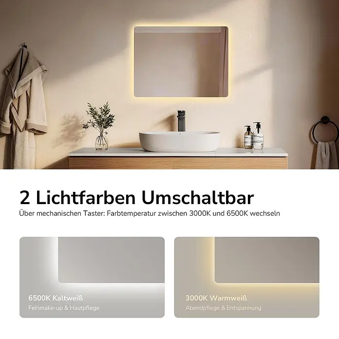 Emke Lichtspiegel Glowrim LM09 -  - Hinterleuchteter Badezimmerspiegel mit umschaltbaren Lichtfarben (3000K warmweiß, 6500K kaltweiß) für Make-up oder Entspannung.