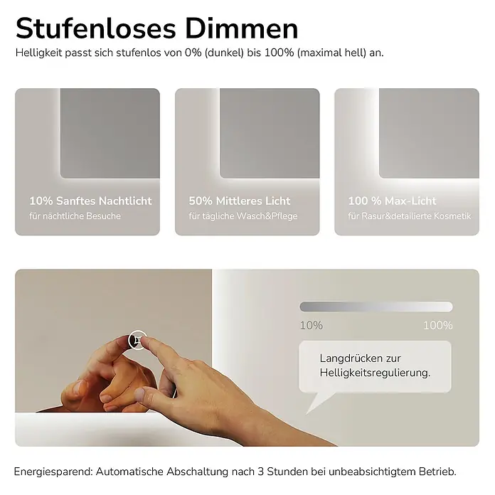 Emke Lichtspiegel Glowrim LM09 -  - Demonstration der stufenlosen Dimmfunktion eines beleuchteten Spiegels, steuerbar per Berührung von 0% bis 100% Helligkeit.