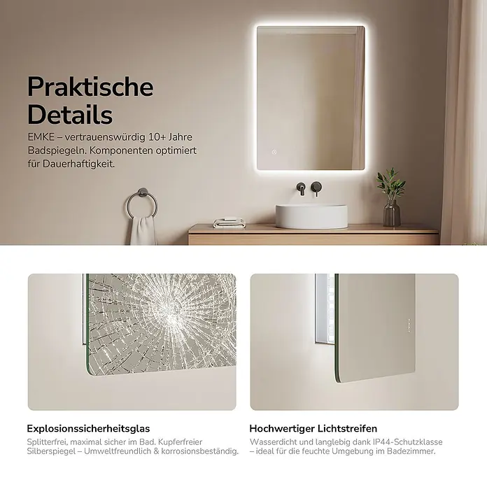Emke Lichtspiegel Glowrim LM09 -  - Beleuchteter Badspiegel mit Sicherheitsglas und wasserdichtem LED-Lichtstreifen.