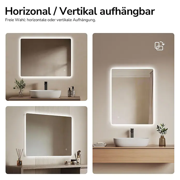 Emke Lichtspiegel Glowrim LM09 -  - Rechteckiger LED-Spiegel, horizontal und vertikal aufhängbar, in Badezimmer- und Schminktischumgebung gezeigt.