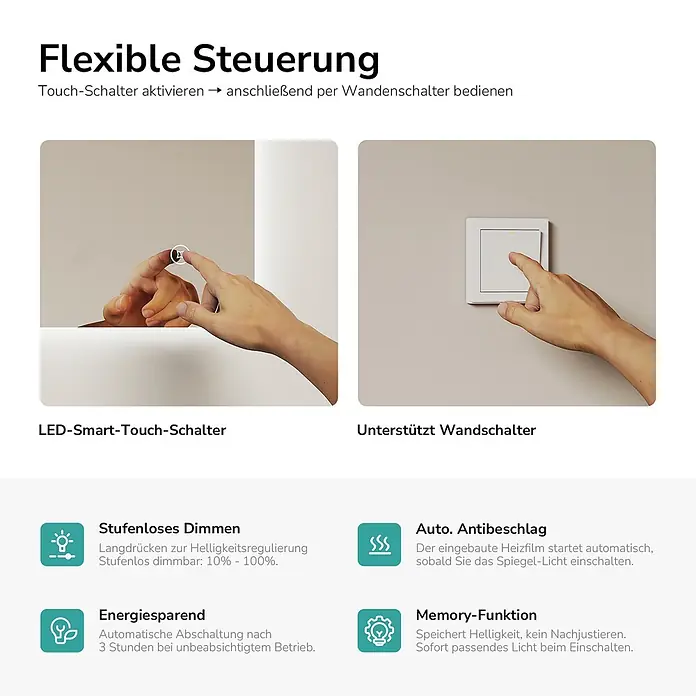 Emke Lichtspiegel Glowrim LM09 -  - Hände zeigen Touch- und Wandschalterbedienung. Symbole erklären stufenloses Dimmen, Antibeschlag, Energiespar- und Memory-Funktion.