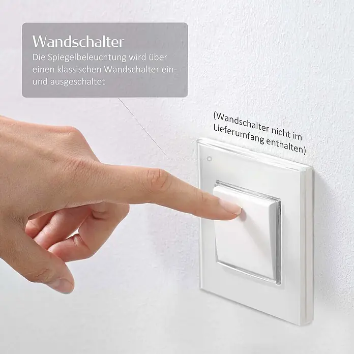 Emke Lichtspiegel Dimlite LM03 -  - Hand drückt weißen Wandschalter zur Bedienung der Spiegelbeleuchtung. Schalter nicht im Lieferumfang enthalten.