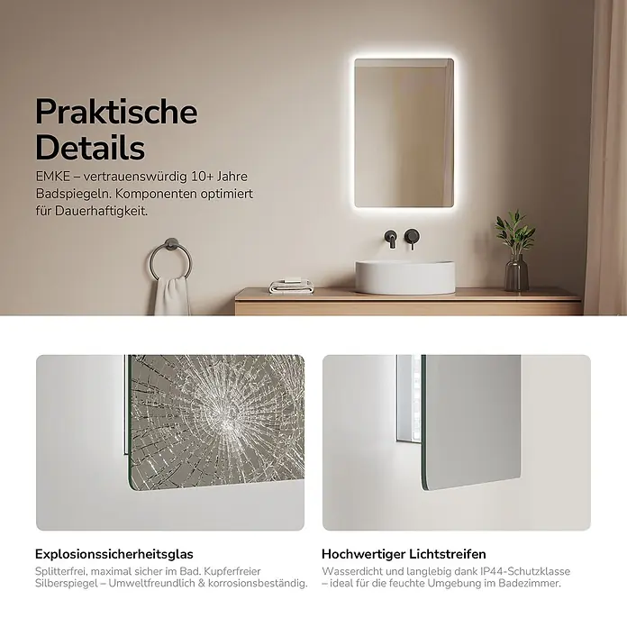 Emke Lichtspiegel Glowrim LM09 -  - EMKE Badspiegel mit splitterfreiem Sicherheitsglas und langlebigem, wasserdichtem LED-Lichtstreifen.