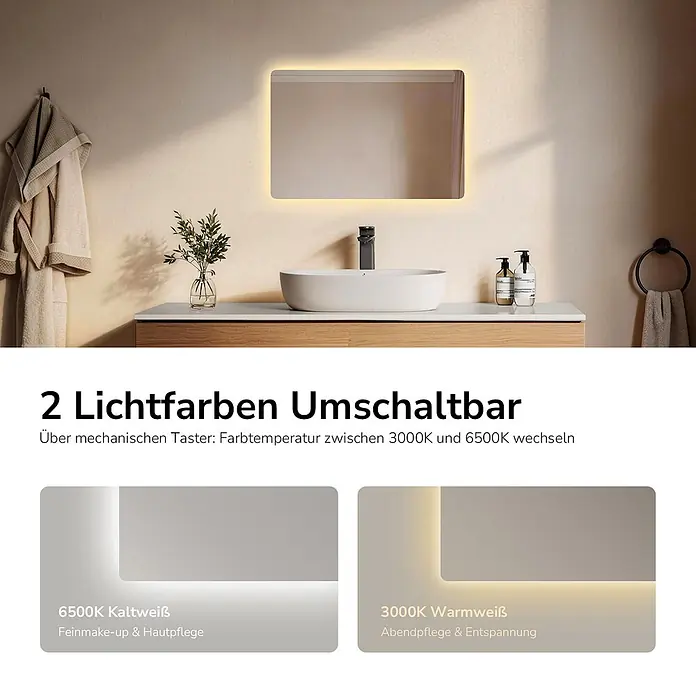 Emke Lichtspiegel Glowrim LM09 -  - Rechteckiger, beleuchteter Badezimmerspiegel mit umschaltbarem Kalt- und Warmweißlicht über einem Waschbecken.