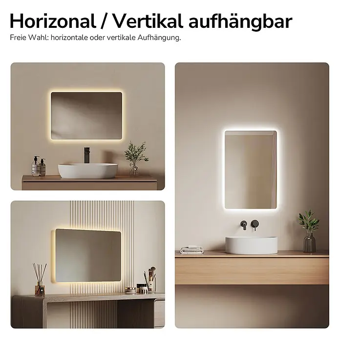 Emke Lichtspiegel Glowrim LM09 -  - Rechteckiger LED-Spiegel, horizontal und vertikal montierbar, in Bad- und Waschtisch-Szenarien dargestellt.