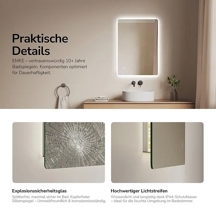 Emke Lichtspiegel Glowrim LM09 -  - Beleuchteter Badspiegel mit Sicherheitsglas und wasserdichtem Lichtstreifen, ideal für feuchte Umgebungen.