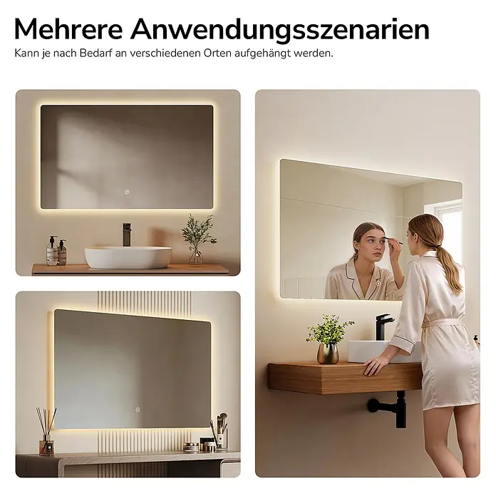 Emke Lichtspiegel Glowrim LM09 -  - Rechteckiger LED-Hintergrundbeleuchtungsspiegel in verschiedenen Umgebungen, z.B. Badezimmer über Waschbecken und Schminktisch.