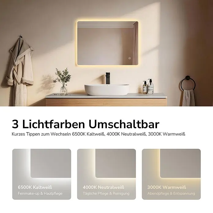 Emke Lichtspiegel Glowrim LM09 -  - LED-Badezimmerspiegel mit drei umschaltbaren Lichtfarben (6500K Kaltweiß, 4000K Neutralweiß, 3000K Warmweiß) über Touch-Steuerung.