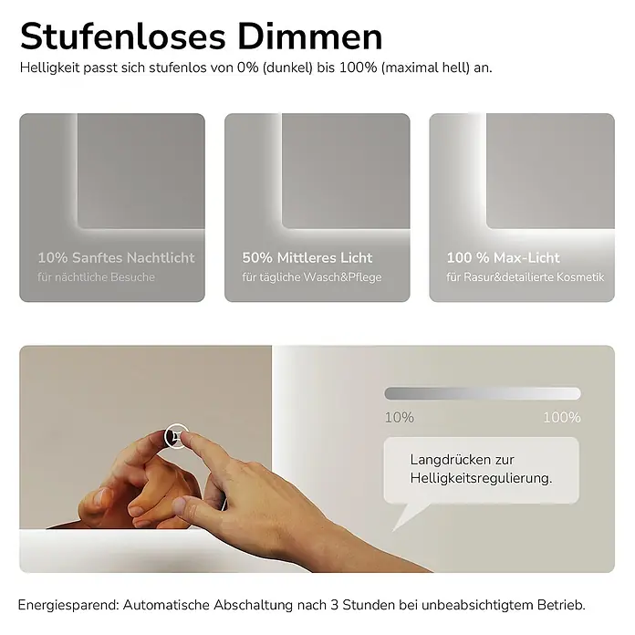 Emke Lichtspiegel Glowrim LM09 -  - Dimmbares Licht mit Berührungssensor, das die stufenlose Helligkeitsregelung von 0% bis 100% durch Langdrücken und Lichtstärken-Beispiele zeigt.