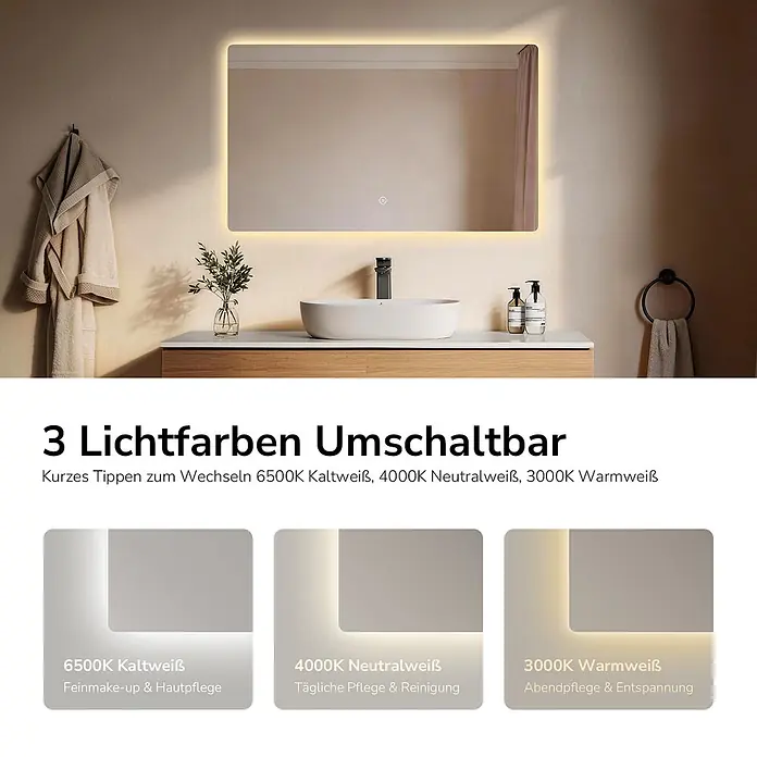 Emke Lichtspiegel Glowrim LM09 -  - LED Badspiegel mit einstellbaren Lichtfarben (kalt, neutral, warm) in einem modernen Badezimmer.