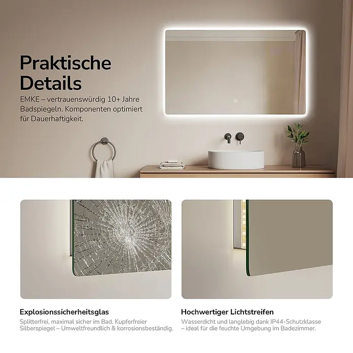 Emke Lichtspiegel Glowrim LM09 -  - EMKE beleuchteter Badspiegel mit bruchsicherem Sicherheitsglas und wasserdichtem LED-Streifen, in modernem Badambiente.