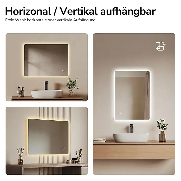 Emke Lichtspiegel Glowrim LM09 -  - Beleuchteter LED-Spiegel horizontal und vertikal dargestellt, über einem Waschbecken und einem Schminktisch gezeigt, um die flexible Installation zu demonstrieren.