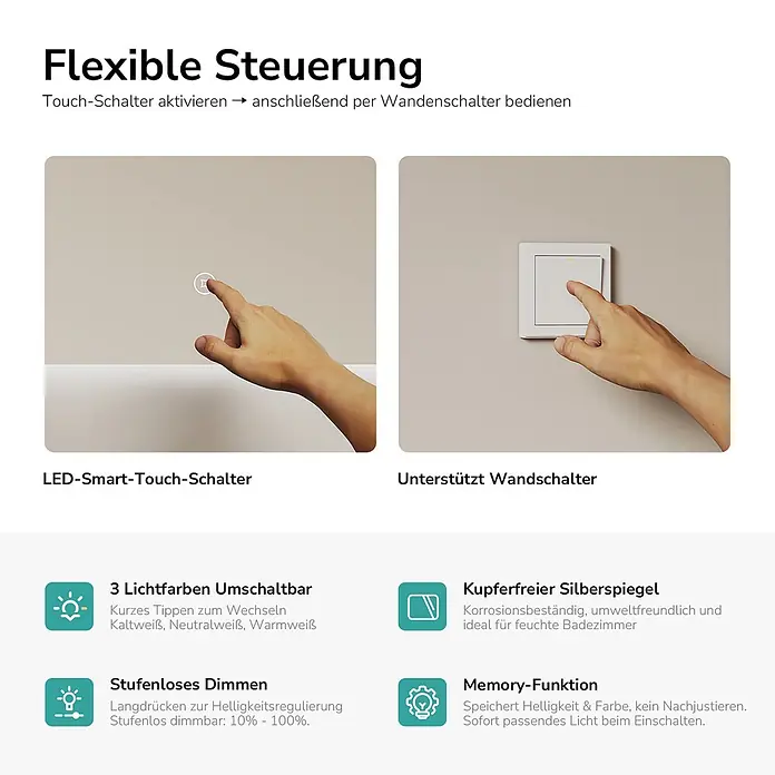 Emke Lichtspiegel Glowrim LM09 -  - Hände bedienen den Touch-Schalter eines Spiegels und einen Wandschalter für flexible Lichtsteuerung.