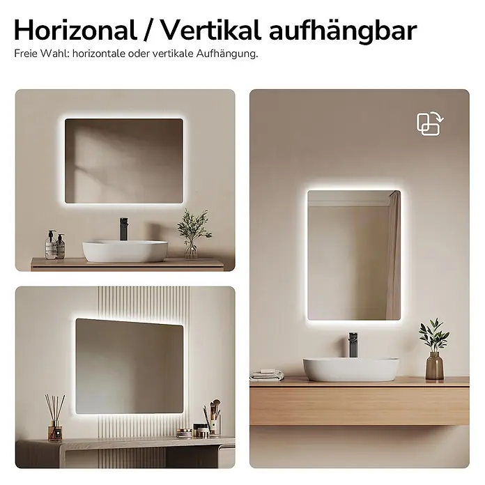 Emke Lichtspiegel Glowrim LM09 -  - Rechteckiger beleuchteter Spiegel, horizontal und vertikal über Waschbecken und Schminktisch montiert gezeigt.