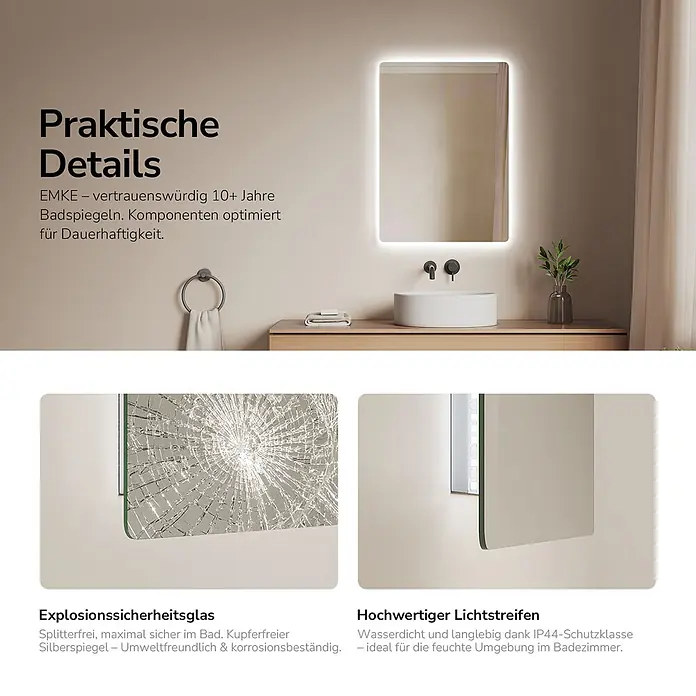 Emke Lichtspiegel Glowrim LM09 -  - Beleuchteter Badspiegel mit splitterfreiem Glas und wasserdichtem LED-Lichtstreifen, in modernem Badezimmerambiente.