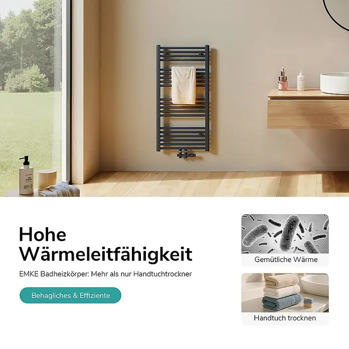 Emke Badheizkörper Orbrad TR - Anthrazit - Dunkelgrauer Handtuchheizkörper in einem modernen Badezimmer, an dem ein Handtuch hängt.