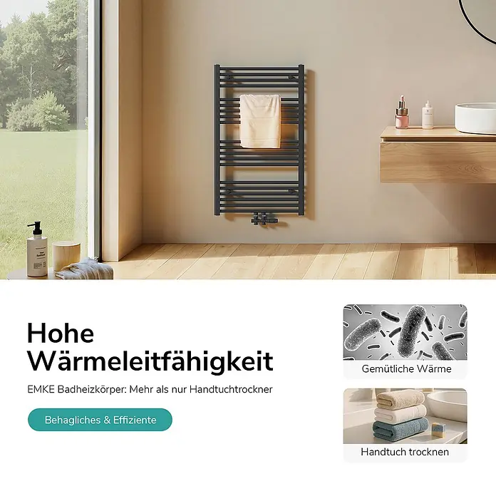 Emke Badheizkörper Orbrad TR - B x H: 60 x 100 cm, Anthrazit - Dunkelgrauer Badheizkörper mit einem Handtuch in einem modernen Badezimmer.