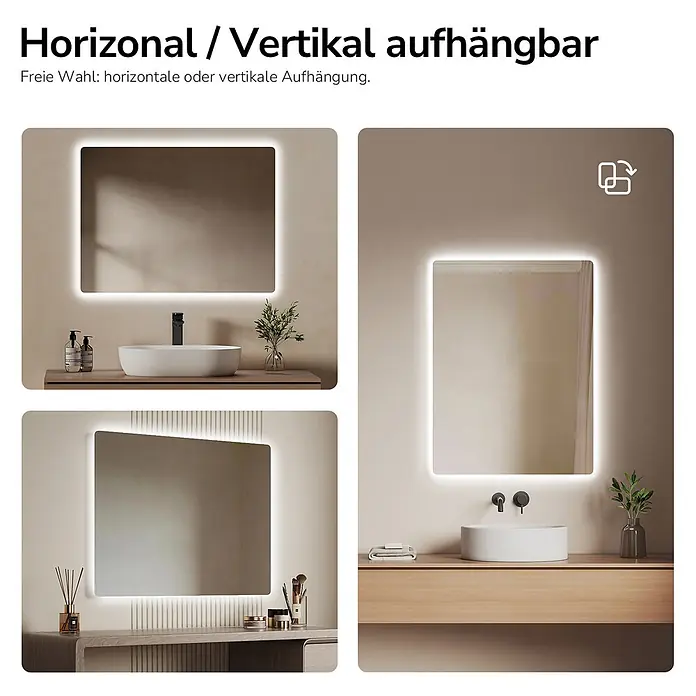 Emke Lichtspiegel Glowrim LM09 -  - Flexibler LED-Spiegel, horizontal und vertikal in verschiedenen Umgebungen montiert.