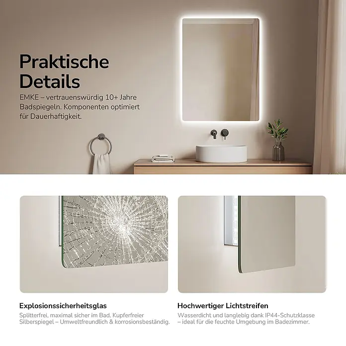 Emke Lichtspiegel Glowrim LM09 -  - Ein rechteckiger, beleuchteter Badspiegel mit splitterfreiem Sicherheitsglas und wasserdichtem LED-Lichtstreifen.
