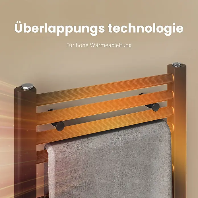 Emke Badheizkörper Rundrohr Thermio TR - B x H: 60 x 120 cm, Anthrazit - Brauner Handtuchheizkörper mit einem grauen Handtuch, der seine effiziente Wärmeableitung zeigt.