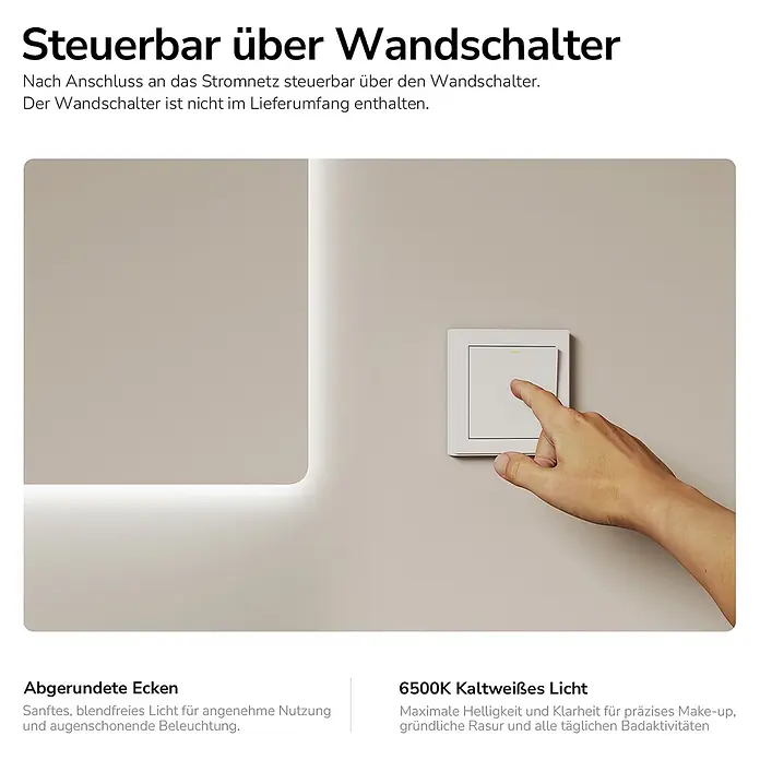 Emke Lichtspiegel Glowrim LM09 -  - Beleuchteter Spiegel mit abgerundeten Ecken, über einen Wandschalter gesteuert, der von einer Hand betätigt wird. Emittiert 6500K kaltweißes Licht.