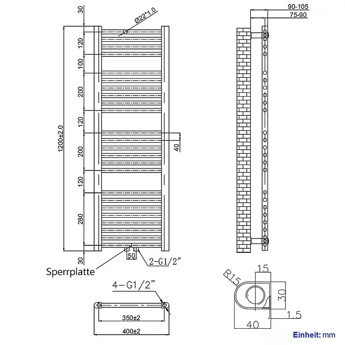 Emke Badheizkörper Rundrohr Thermio TR - B x H: 40 x 120 cm, Anthrazit - Technische Zeichnung eines Badheizkörpers mit Maßen und Anschlussdetails. Er verfügt über horizontale Stangen und ist zur Wandmontage vorgesehen.