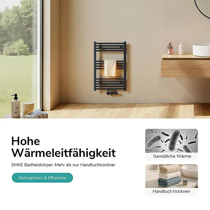Emke Badheizkörper Orbrad TR - Anthrazit - Schwarzer EMKE Handtuchheizkörper in einem modernen Badezimmer, zum Trocknen von Handtüchern und als Wärmequelle.