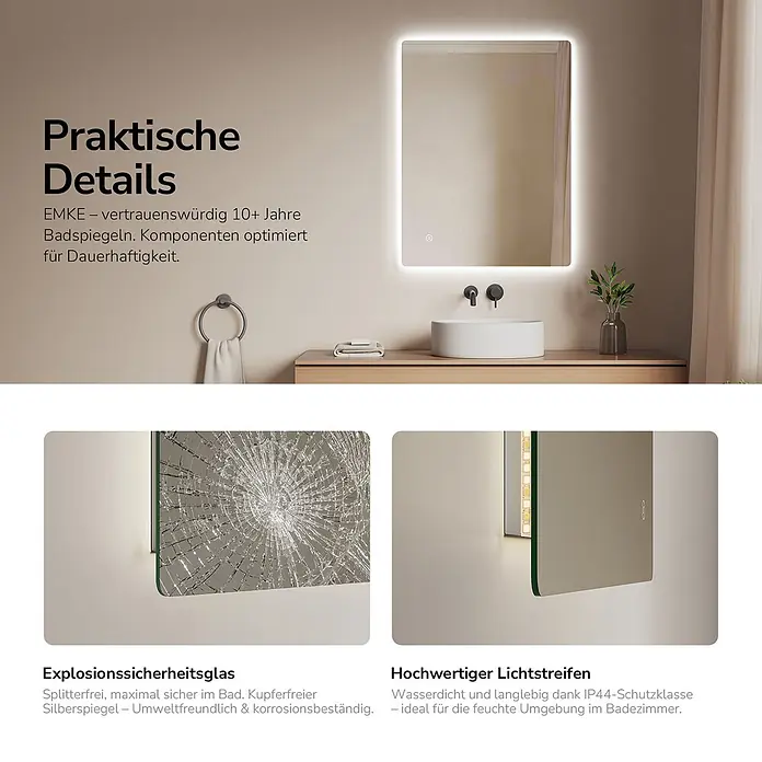 Emke Lichtspiegel Glowrim LM09 -  - Rechteckiger LED-Badezimmerspiegel mit splitterfreiem Sicherheitsglas und wasserdichter Lichtleiste, über einem Waschbecken montiert.