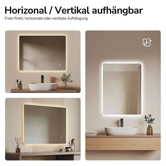 Emke Lichtspiegel Glowrim LM09 -  - Rechteckiger LED-Spiegel mit integrierter Beleuchtung, horizontal und vertikal montierbar für flexible Anbringung.