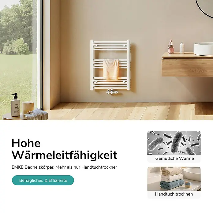 Emke Badheizkörper Orbrad TR - Weiß - Ein weißer Handtuchwärmer-Heizkörper an einer Badezimmerwand, mit einem hellen Handtuch darüber, in einem modernen Bad.