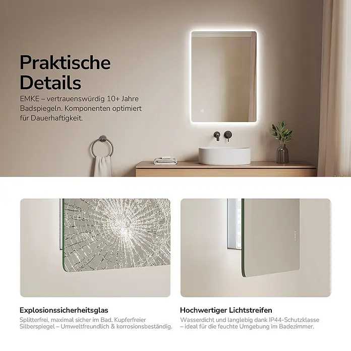 Emke Lichtspiegel Glowrim LM09 - 70 x 50 cm - Beleuchteter, rechteckiger Badspiegel über einem weißen Waschbecken, zeigt Sicherheitsglas und LED-Streifen.